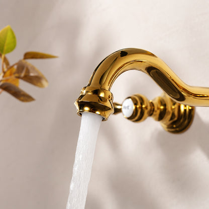 Vintage Wall-Mount Bathroom Faucet, 3-Hole Widespread Dual-Handle Faucet, Polished Gold / Chrome