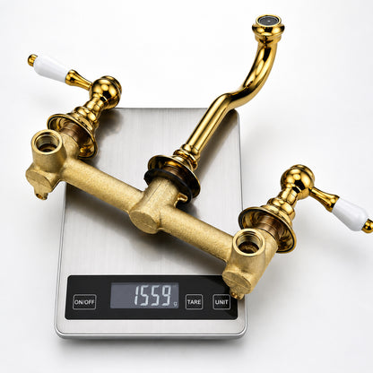 Vintage Wall-Mount Bathroom Faucet, 3-Hole Widespread Dual-Handle Faucet, Polished Gold / Chrome