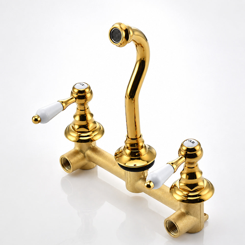 Vintage Wall-Mount Bathroom Faucet, 3-Hole Widespread Dual-Handle Faucet, Polished Gold / Chrome