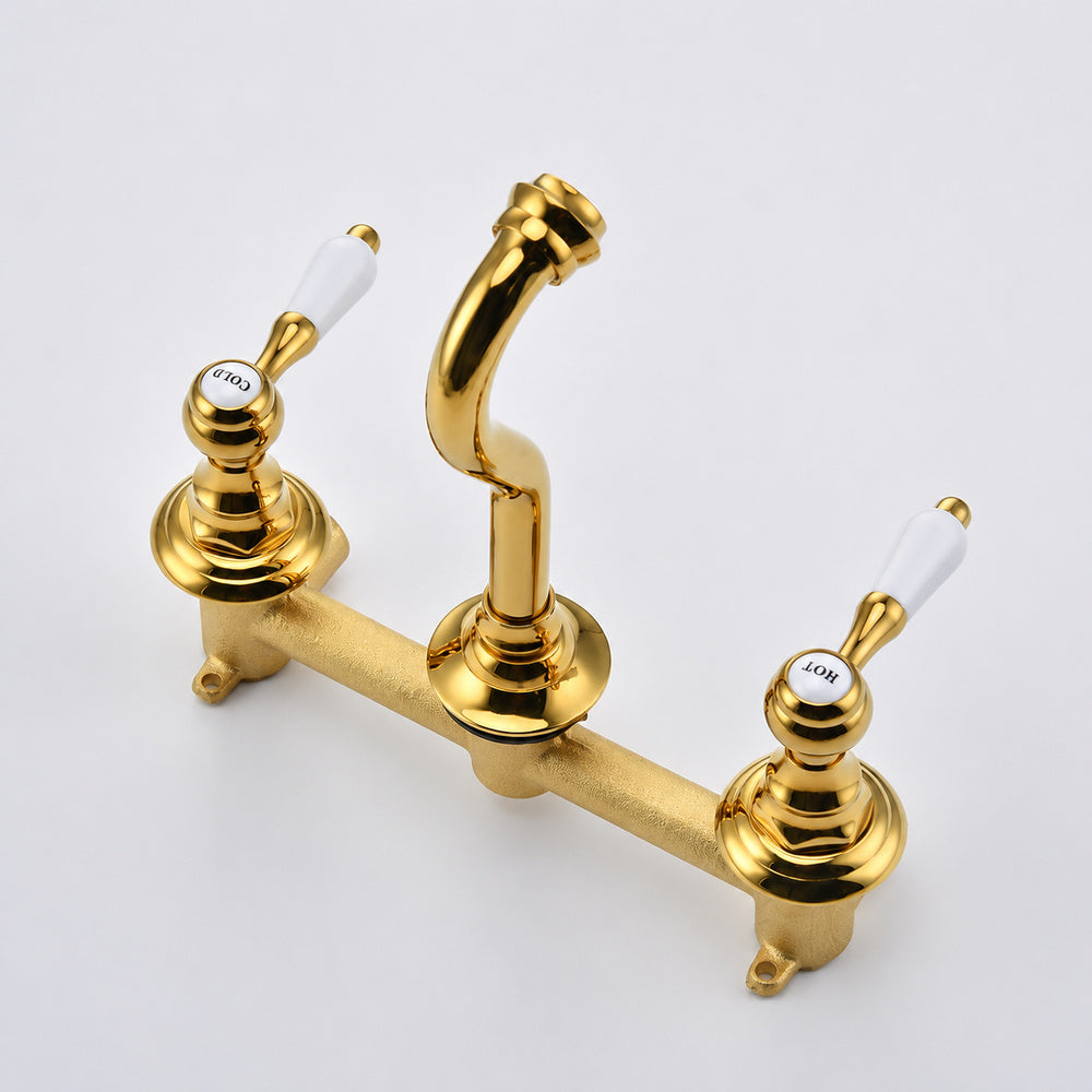 Vintage Wall-Mount Bathroom Faucet, 3-Hole Widespread Dual-Handle Faucet, Polished Gold / Chrome