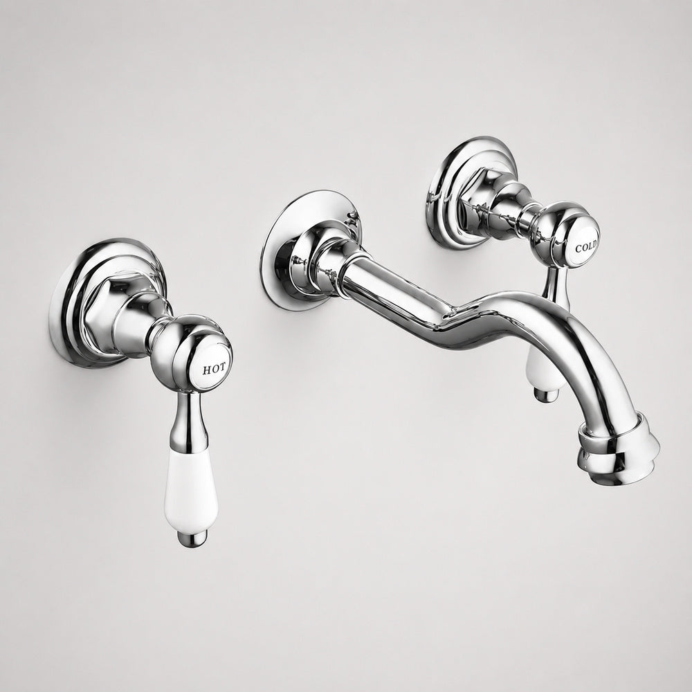 Vintage Wall-Mount Bathroom Faucet, 3-Hole Widespread Dual-Handle Faucet, Polished Gold / Chrome