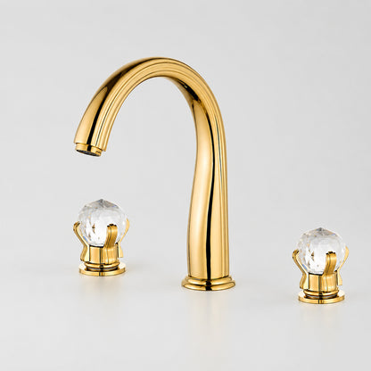 Polished Gold Widespread Bathroom Faucet, 3-Hole Dual-Handle High Arc Faucet with Crystal Knob Handles