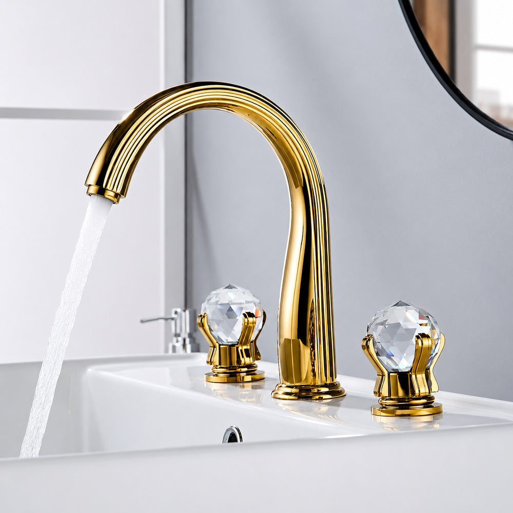 Polished Gold Widespread Bathroom Faucet, 3-Hole Dual-Handle High Arc Faucet with Crystal Knob Handles