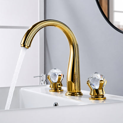 Polished Gold Widespread Bathroom Faucet, 3-Hole Dual-Handle High Arc Faucet with Crystal Knob Handles