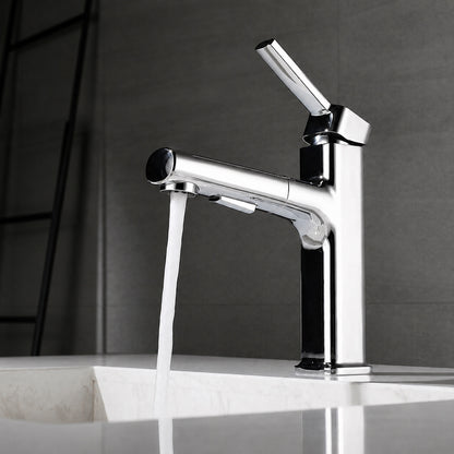 Modern Pull-Out Single-Hole Bathroom Faucet, Single-Handle Basin Faucet, Chrome / Matte Black / Brushed Gold / Gunmetal