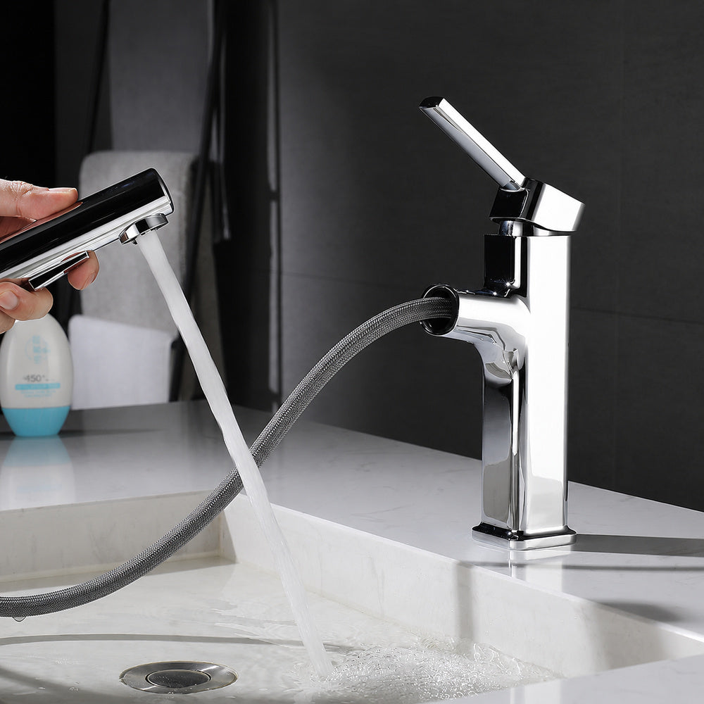 Modern Pull-Out Single-Hole Bathroom Faucet, Single-Handle Basin Faucet, Chrome / Matte Black / Brushed Gold / Gunmetal
