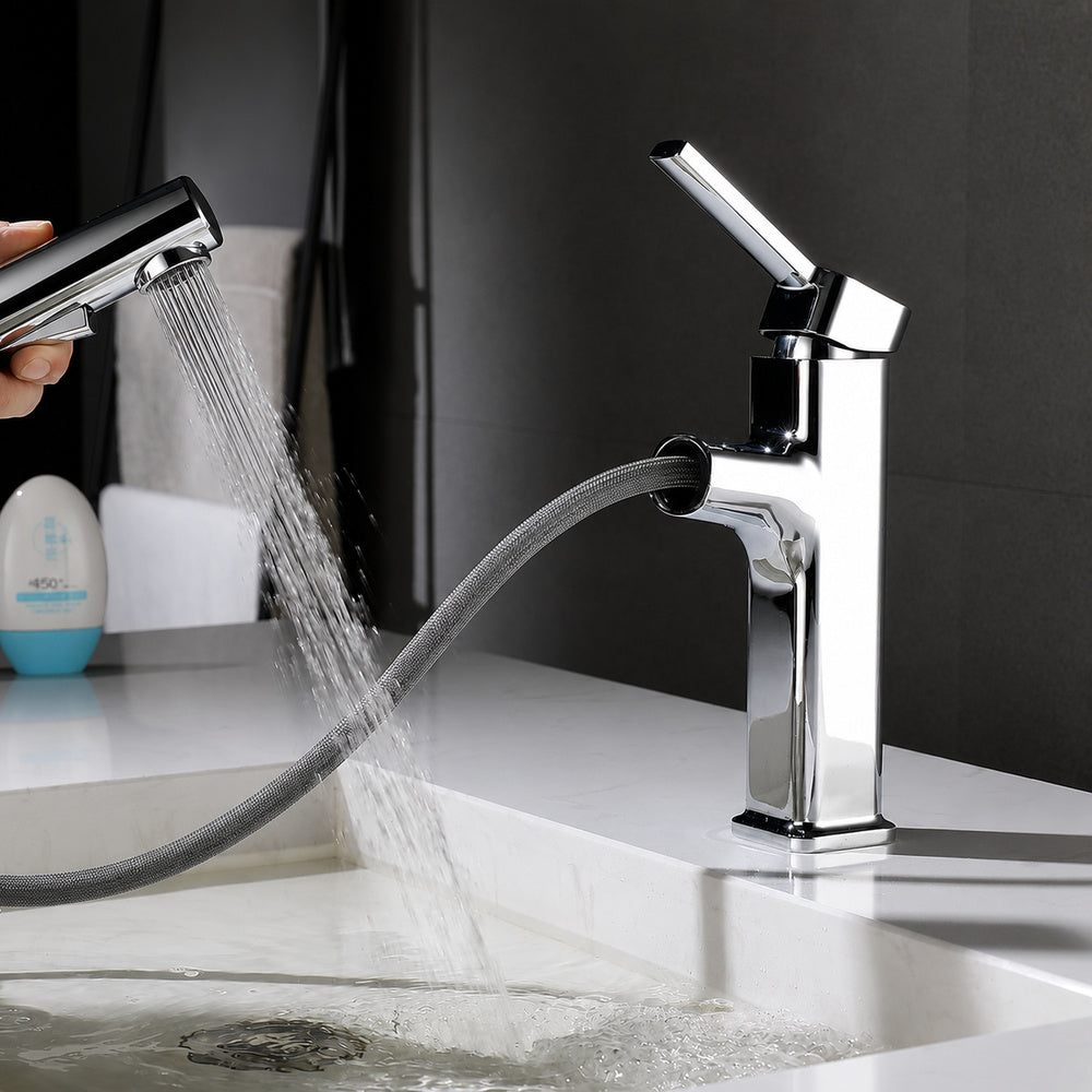 Modern Pull-Out Single-Hole Bathroom Faucet, Single-Handle Basin Faucet, Chrome / Matte Black / Brushed Gold / Gunmetal