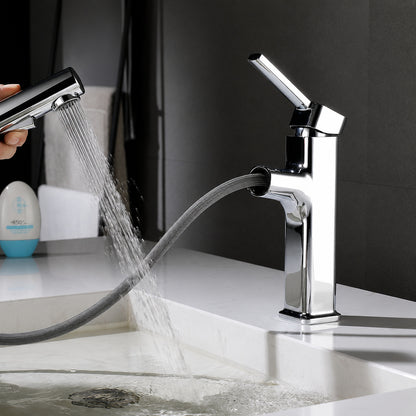 Modern Pull-Out Single-Hole Bathroom Faucet, Single-Handle Basin Faucet, Chrome / Matte Black / Brushed Gold / Gunmetal
