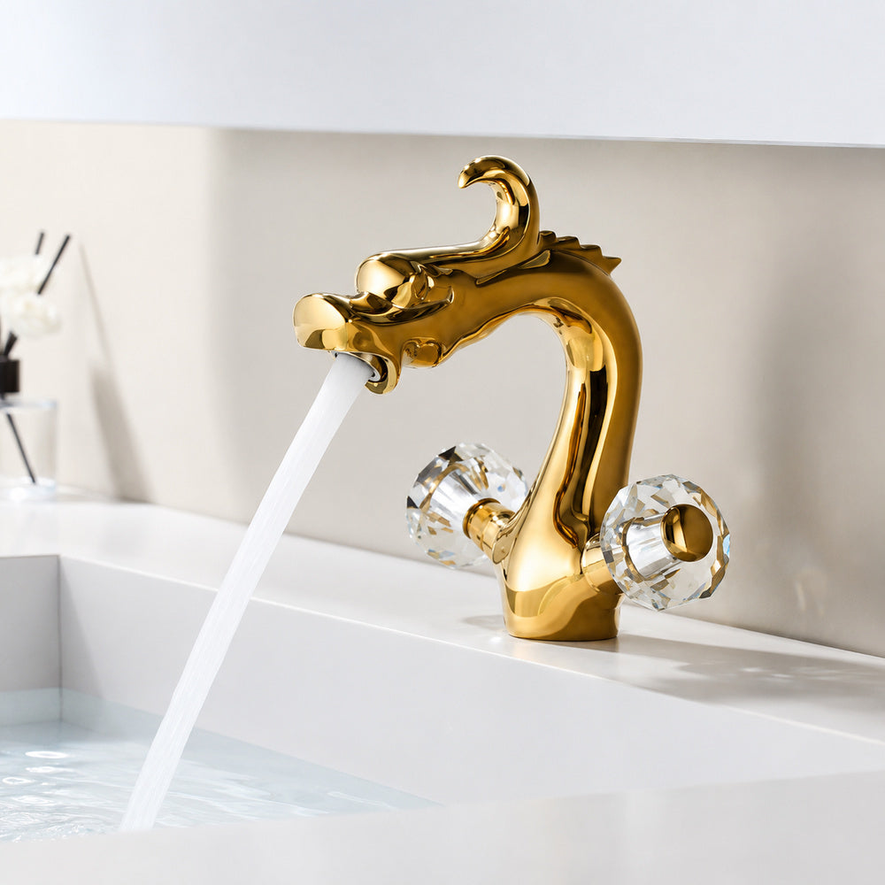 Polished Gold Dragon Bathroom Faucet, Single-Hole Dual-Handle Tap with Crystal Knob Handles