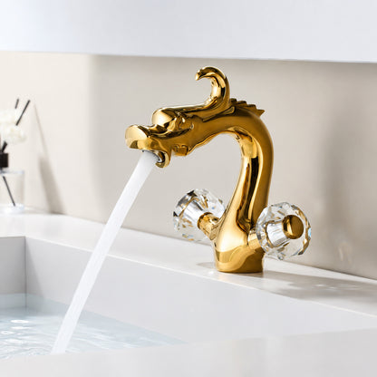Polished Gold Dragon Bathroom Faucet, Single-Hole Dual-Handle Tap with Crystal Knob Handles