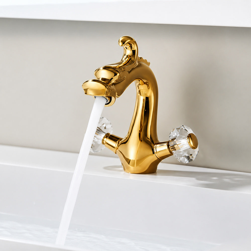 Polished Gold Dragon Bathroom Faucet, Single-Hole Dual-Handle Tap with Crystal Knob Handles