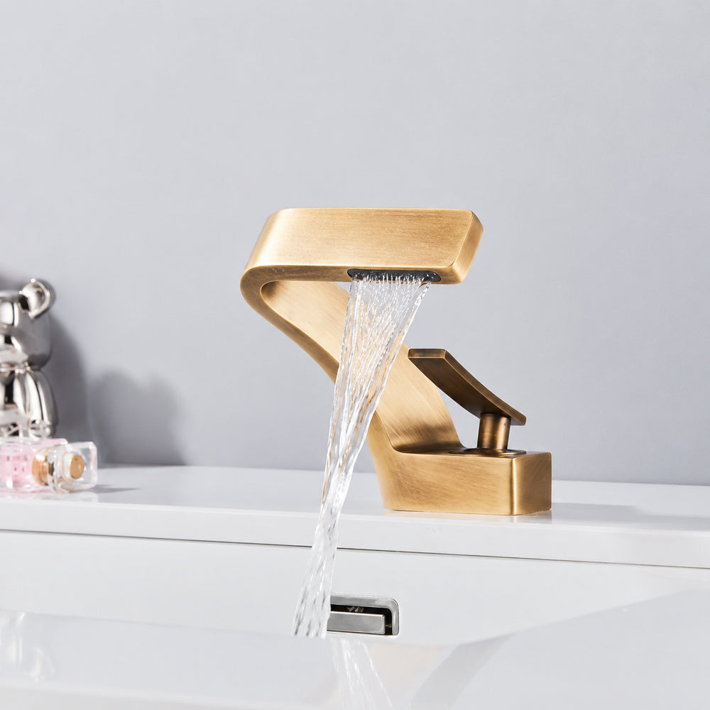 Antique Brass Waterfall Bathroom Faucet, Single-Hole Single-Handle Sink Faucet