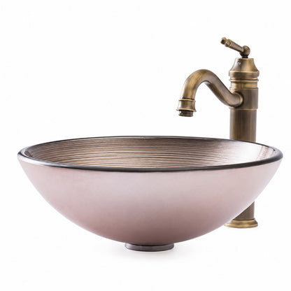 Antique Brass Single-Hole Vessel Faucet, Circular Stripe Tempered Glass Vessel Sink Combo with Pop-Up Drain / Mounting Ring