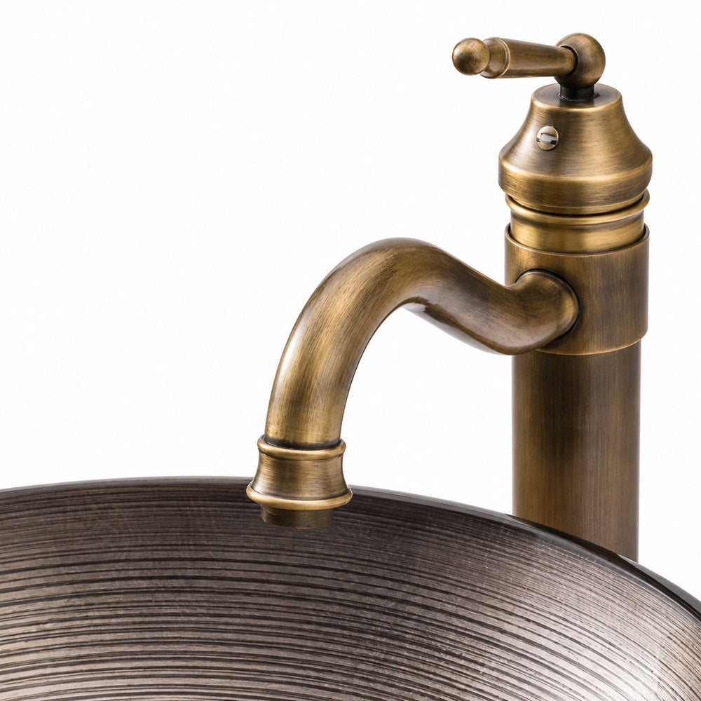 Antique Brass Single-Hole Vessel Faucet, Circular Stripe Tempered Glass Vessel Sink Combo with Pop-Up Drain / Mounting Ring