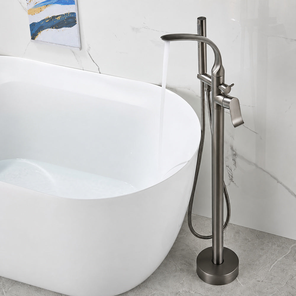 Modern Freestanding Floor-Mount Tub Filler Faucet, Single-Handle Swivel Spout Faucet with Handheld Shower