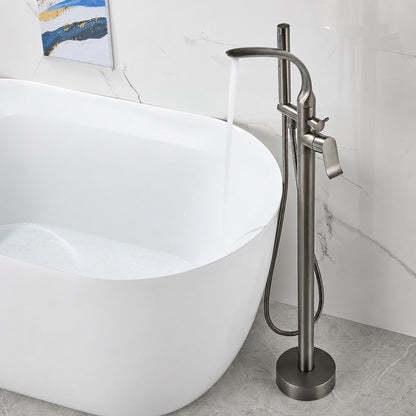 Modern Freestanding Floor-Mount Tub Filler Faucet, Single-Handle Swivel Spout Faucet with Handheld Shower