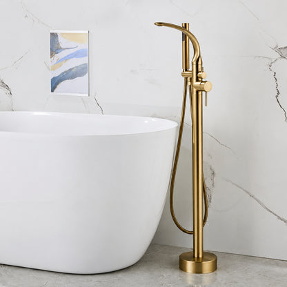 Modern Freestanding Floor-Mount Tub Filler Faucet, Single-Handle Swivel Spout Faucet with Handheld Shower