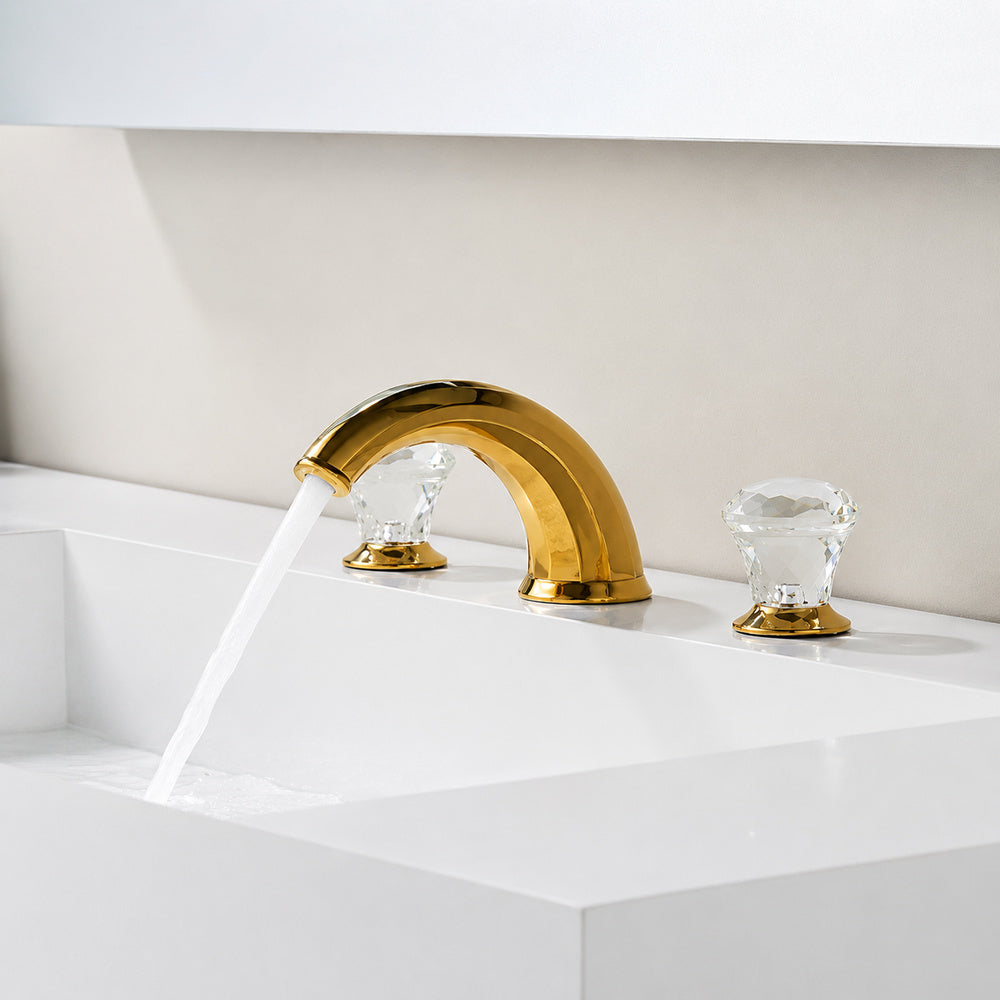 Polished Gold Widespread Bathroom Faucet, Modern 3-Hole Faucet with Crystal Knob Handles