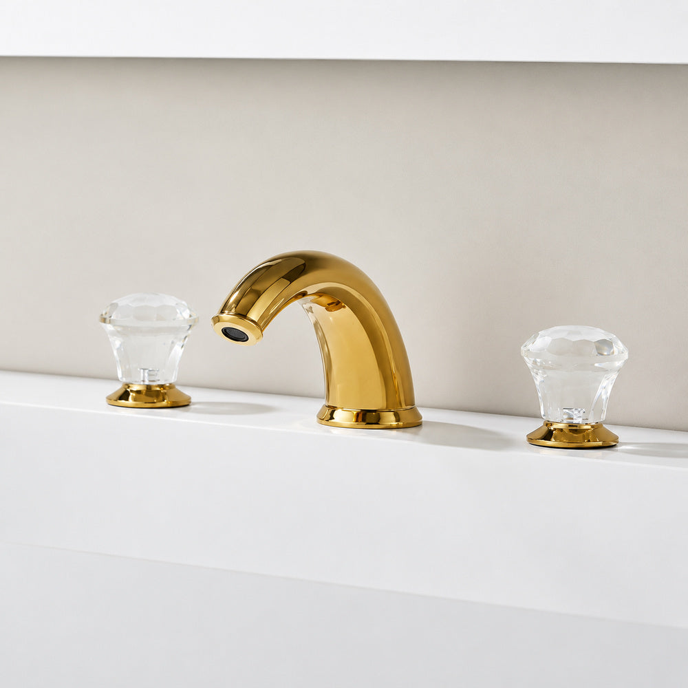 Polished Gold Widespread Bathroom Faucet, Modern 3-Hole Faucet with Crystal Knob Handles