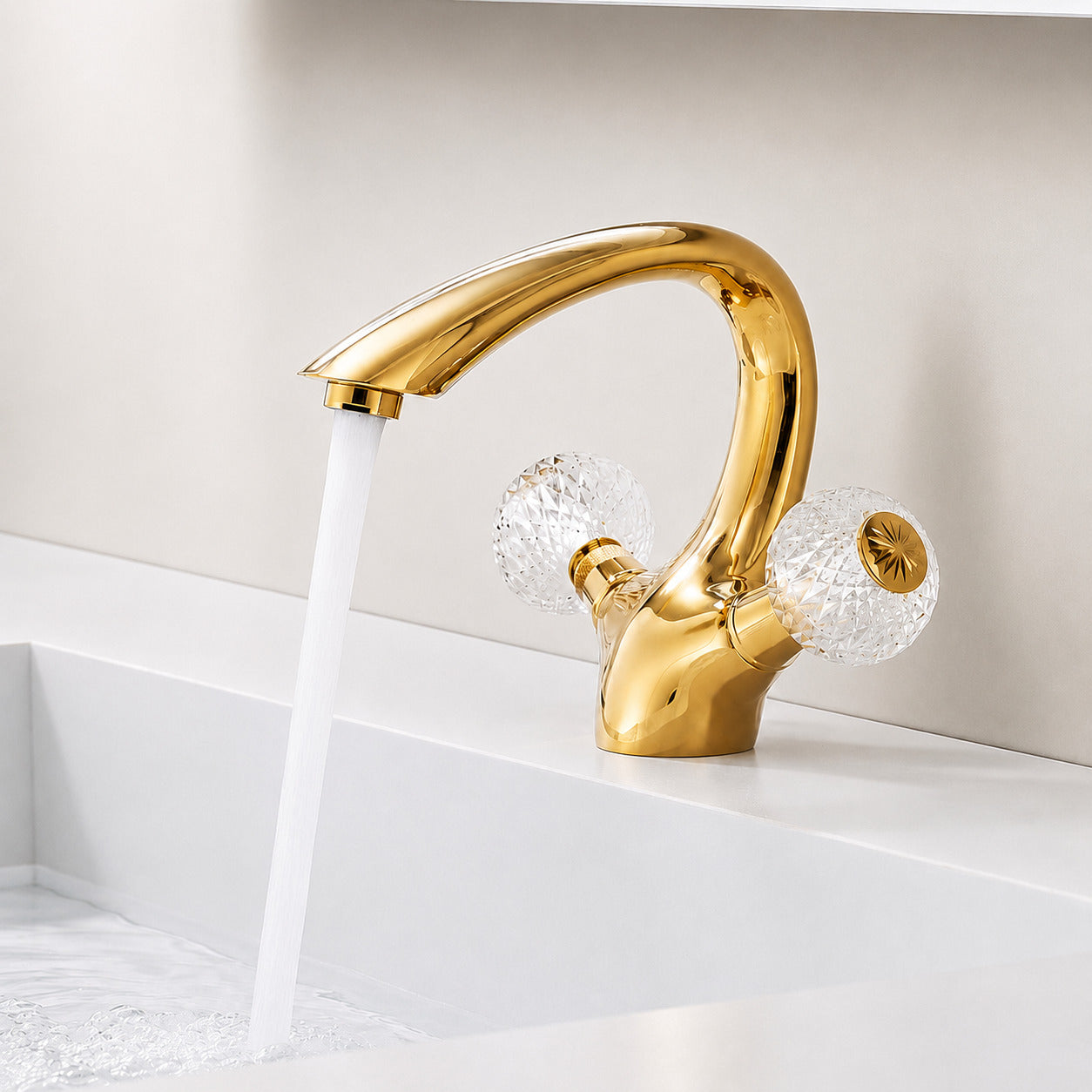 Polished Gold Single-Hole Bathroom Faucet, Dual Crystal Knob Handles Brass Faucet