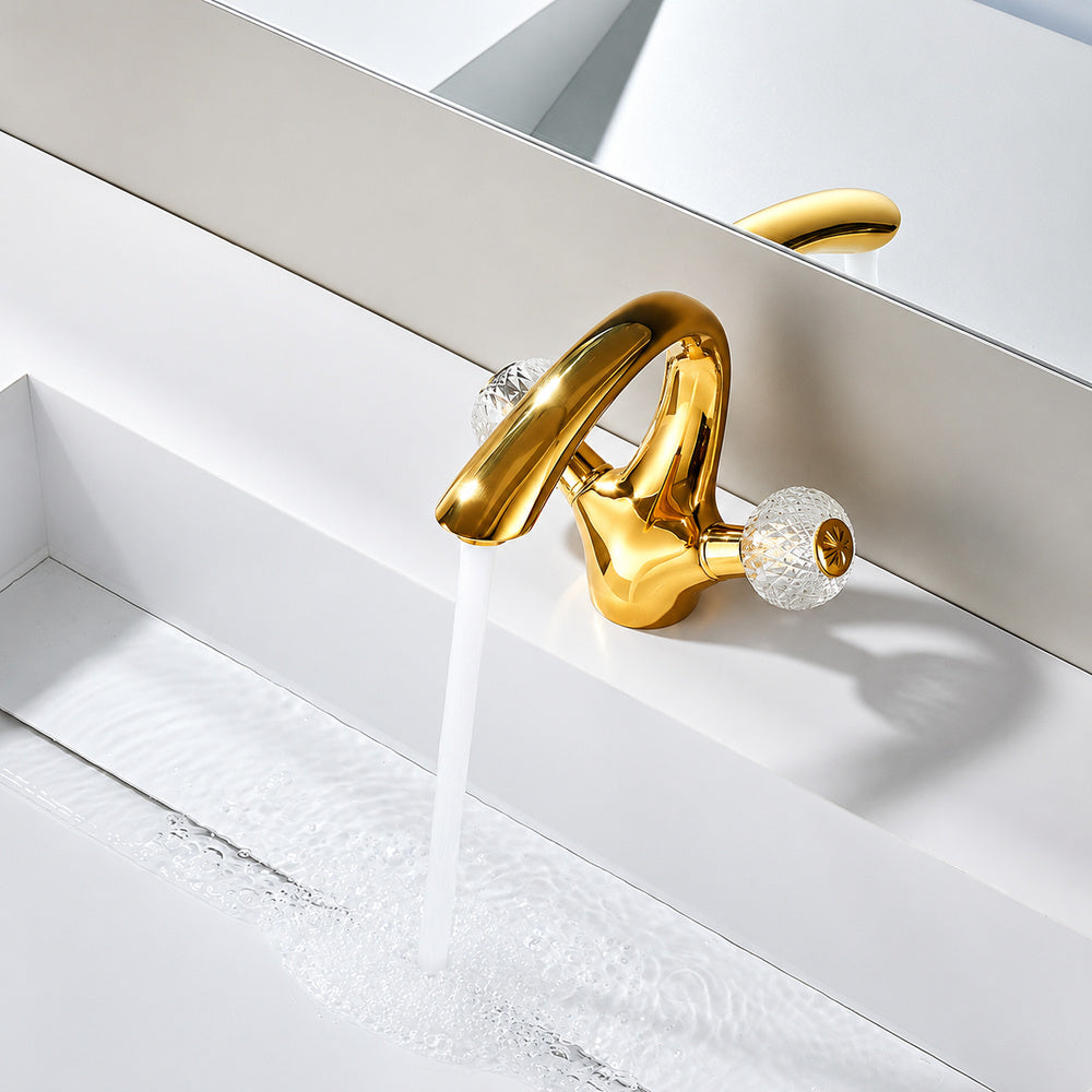 Polished Gold Single-Hole Bathroom Faucet, Dual Crystal Knob Handles Brass Faucet