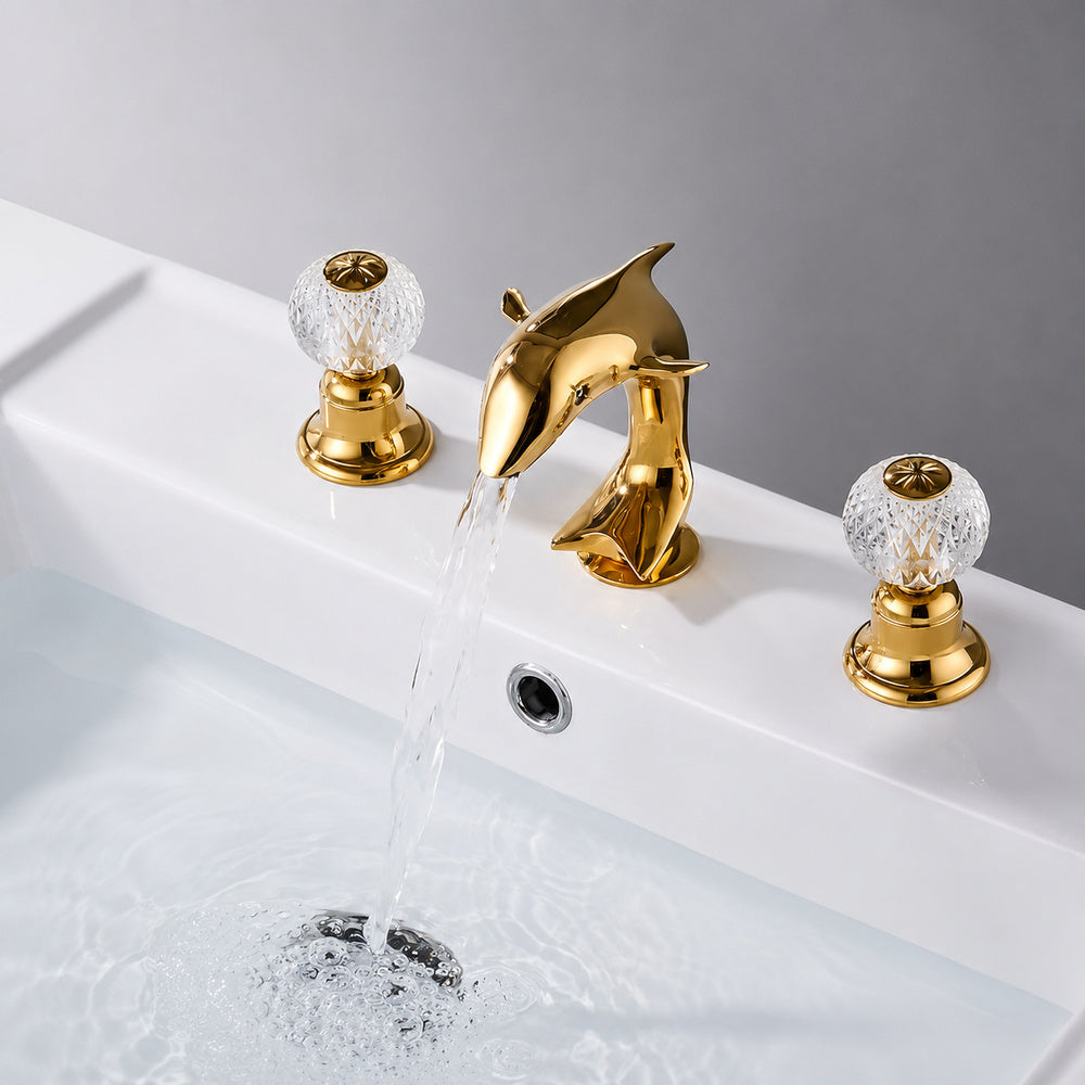 Polished Gold Modern Dolphin Bathroom Faucet, 3-Hole Widespread Sink Faucet with Crystal Knob Handles