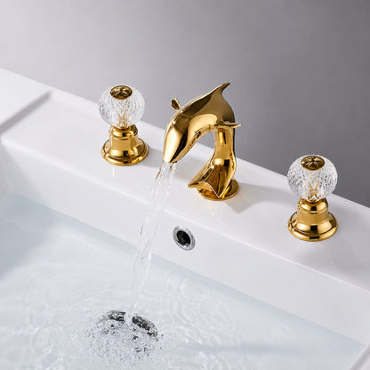 Polished Gold Modern Dolphin Bathroom Faucet, 3-Hole Widespread Sink Faucet with Crystal Knob Handles