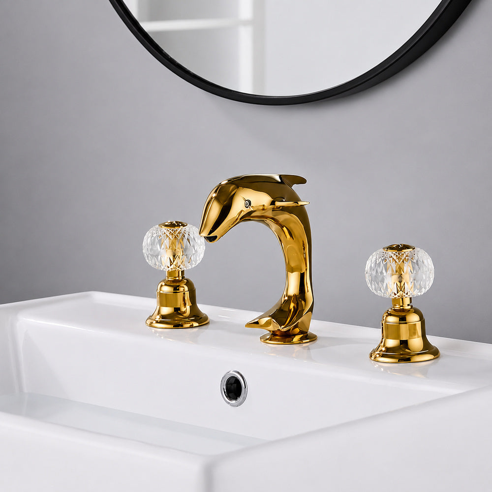 Polished Gold Modern Dolphin Bathroom Faucet, 3-Hole Widespread Sink Faucet with Crystal Knob Handles
