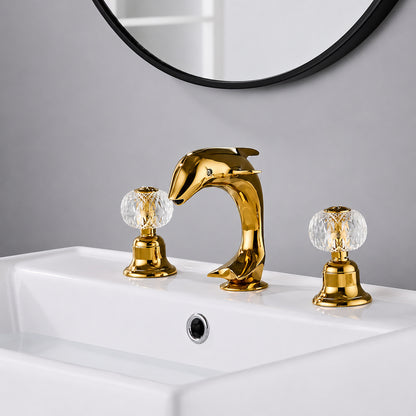 Polished Gold Modern Dolphin Bathroom Faucet, 3-Hole Widespread Sink Faucet with Crystal Knob Handles