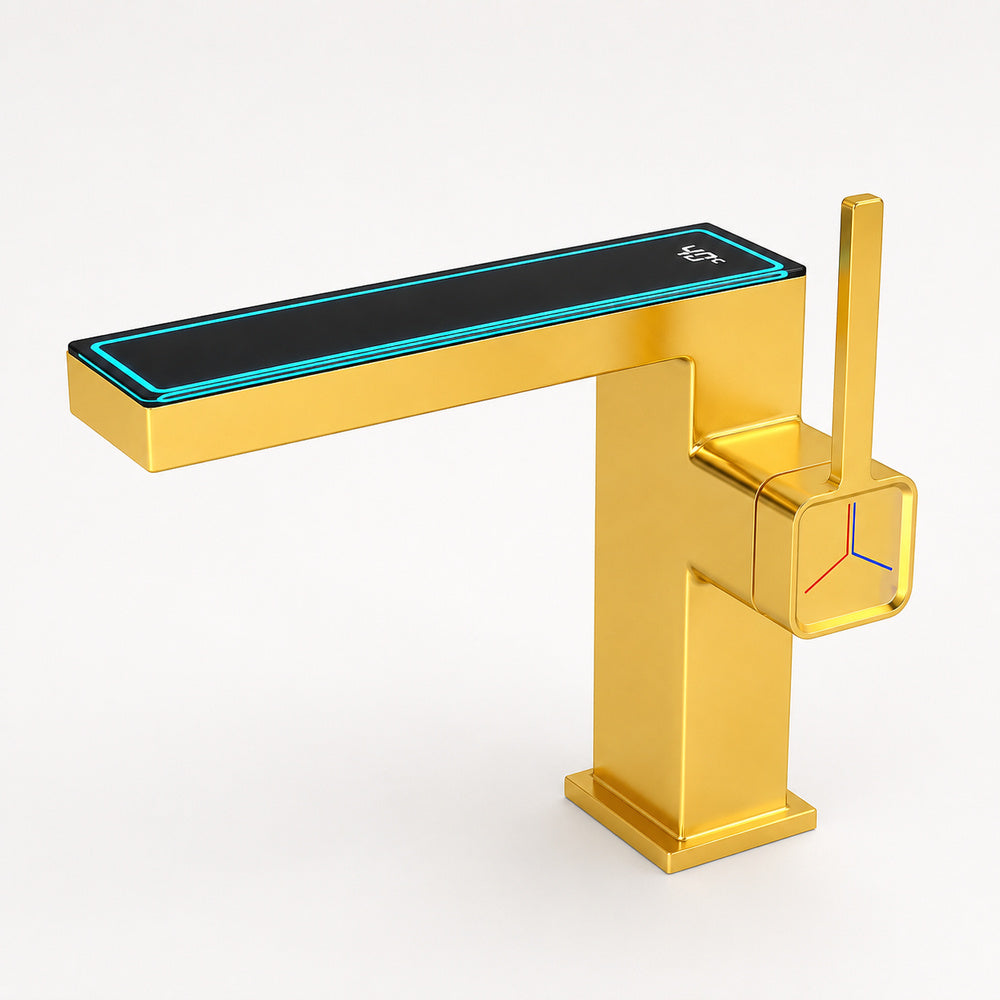 LED Temperature Display Waterfall Bathroom Faucet, Single-Hole Single-Handle Brass Faucet, Silver / Gold / Gray / White / Black / Multi