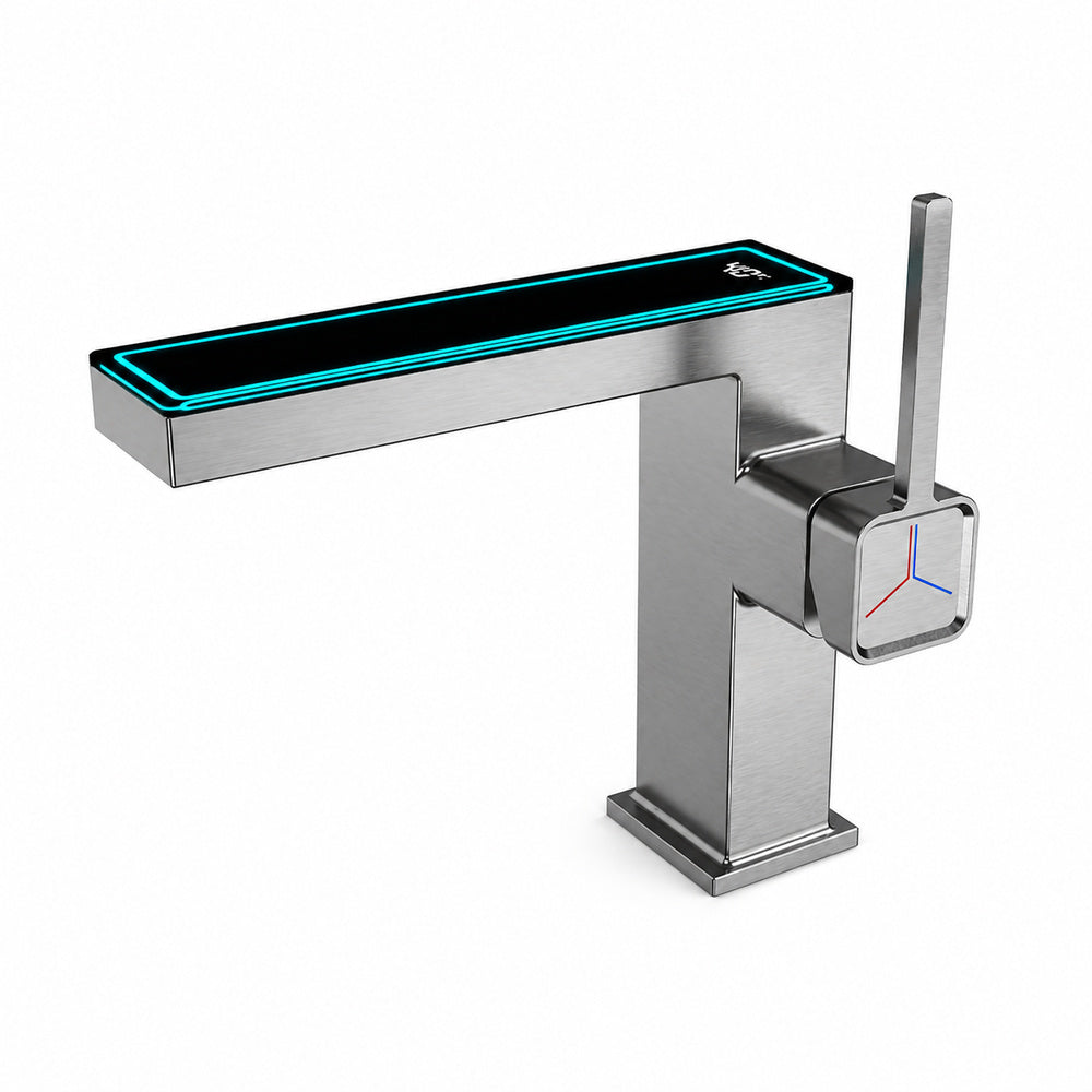 LED Temperature Display Waterfall Bathroom Faucet, Single-Hole Single-Handle Brass Faucet, Silver / Gold / Gray / White / Black / Multi