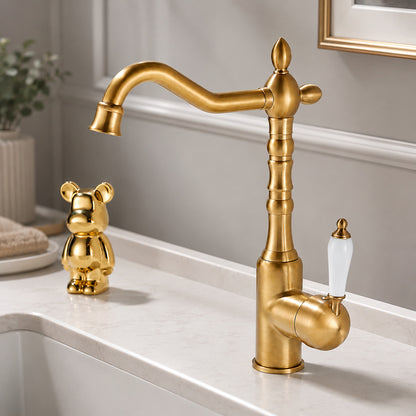Traditional High-Arc Swivel Spout Bathroom Sink Faucet, Single-Handle Single-Hole Bathroom Faucet, Chrome / Antique Brass / Polished Gold