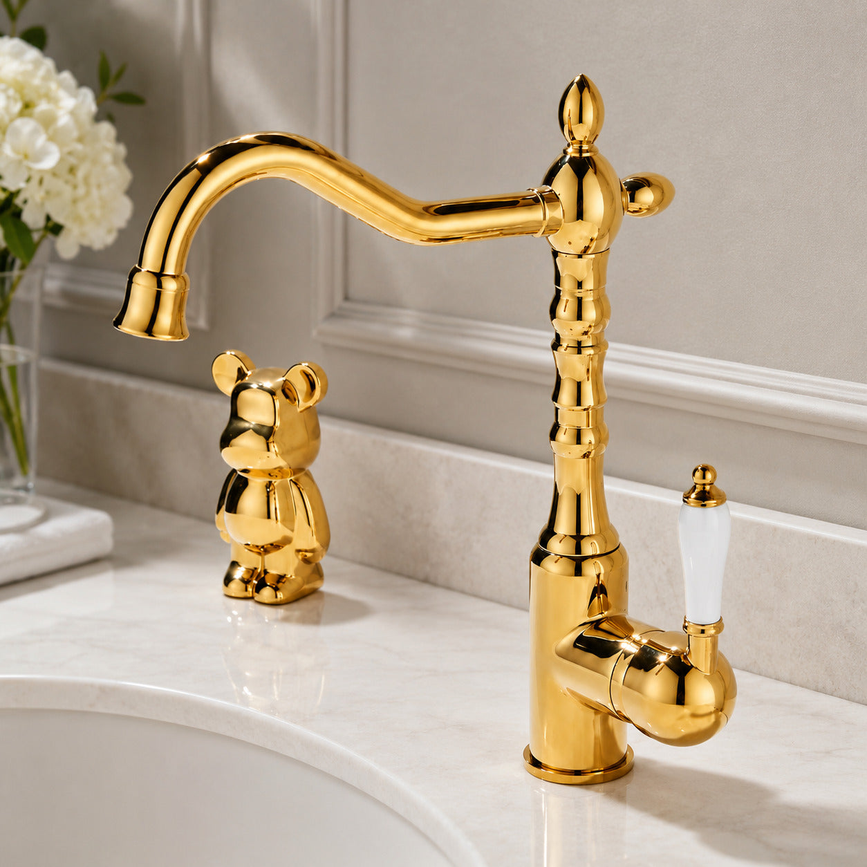 Traditional High-Arc Swivel Spout Bathroom Sink Faucet, Single-Handle Single-Hole Bathroom Faucet, Chrome / Antique Brass / Polished Gold