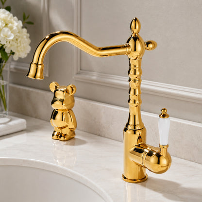 Traditional High-Arc Swivel Spout Bathroom Sink Faucet, Single-Handle Single-Hole Bathroom Faucet, Chrome / Antique Brass / Polished Gold