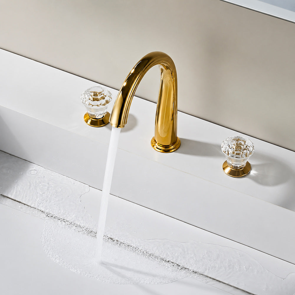 Polished Gold Modern Widespread Bathroom Faucet, 3-Hole Dual-Handle Sink Faucet with Crystal Knob Handles