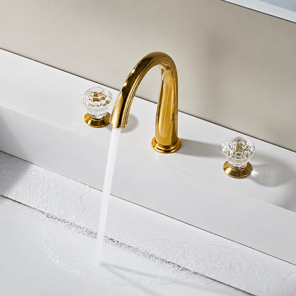 Polished Gold Modern Widespread Bathroom Faucet, 3-Hole Dual-Handle Sink Faucet with Crystal Knob Handles