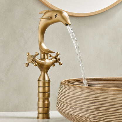 Dolphin Antique Brass Waterfall Bathroom Faucet, Single-Hole Double-Handle Brass Faucet