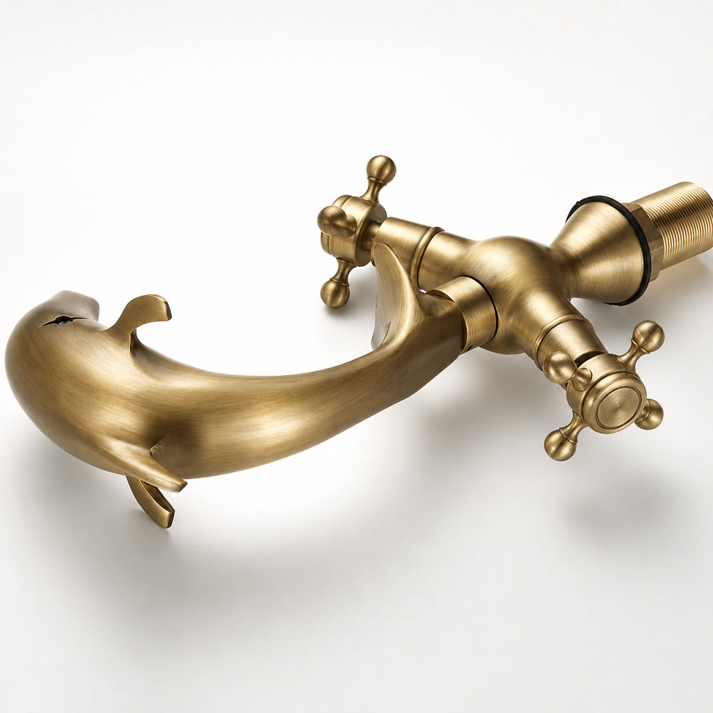 Dolphin Antique Brass Waterfall Bathroom Faucet, Single-Hole Double-Handle Brass Faucet