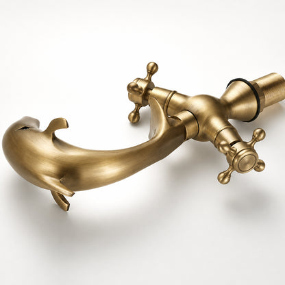 Dolphin Antique Brass Waterfall Bathroom Faucet, Single-Hole Double-Handle Brass Faucet