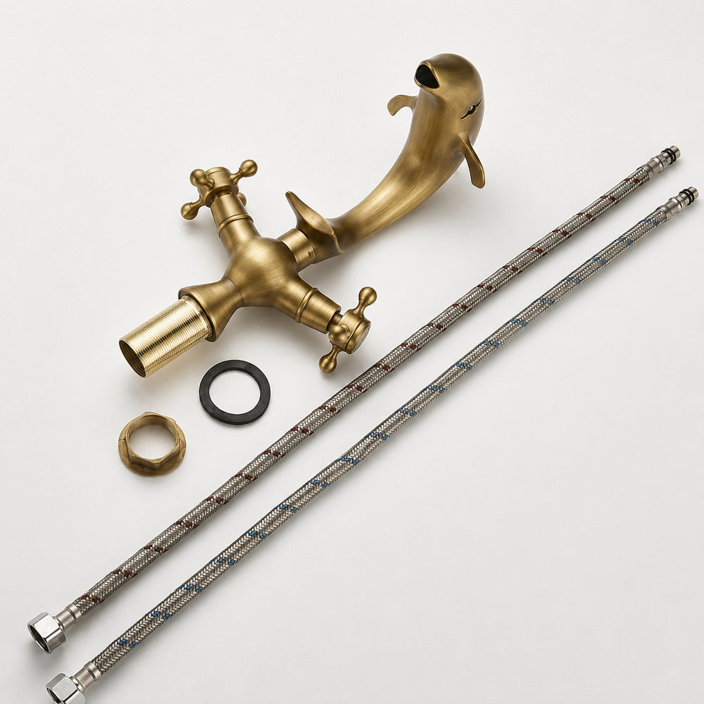 Dolphin Antique Brass Waterfall Bathroom Faucet, Single-Hole Double-Handle Brass Faucet