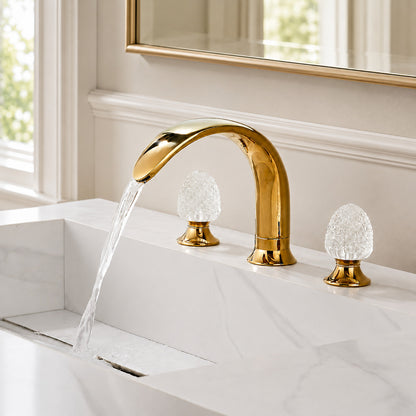Polished Gold Widespread Bathroom Faucet with Crystal Knob Handles, Dual-Handle 360-Degree Swivel Spout Faucet