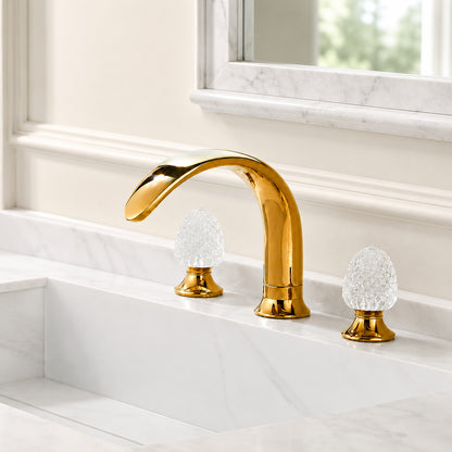 Polished Gold Widespread Bathroom Faucet with Crystal Knob Handles, Dual-Handle 360-Degree Swivel Spout Faucet