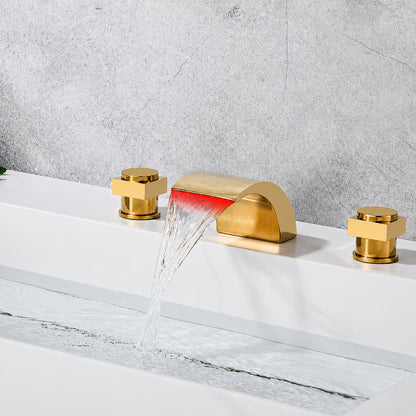 Polished Gold LED Waterfall Bathroom Faucet, Modern 3-Hole Widespread Double-Handle Faucet