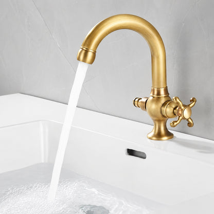 Swivel Spout Single-Hole Bathroom Faucet, Vintage Brass Faucet with Cross Handle