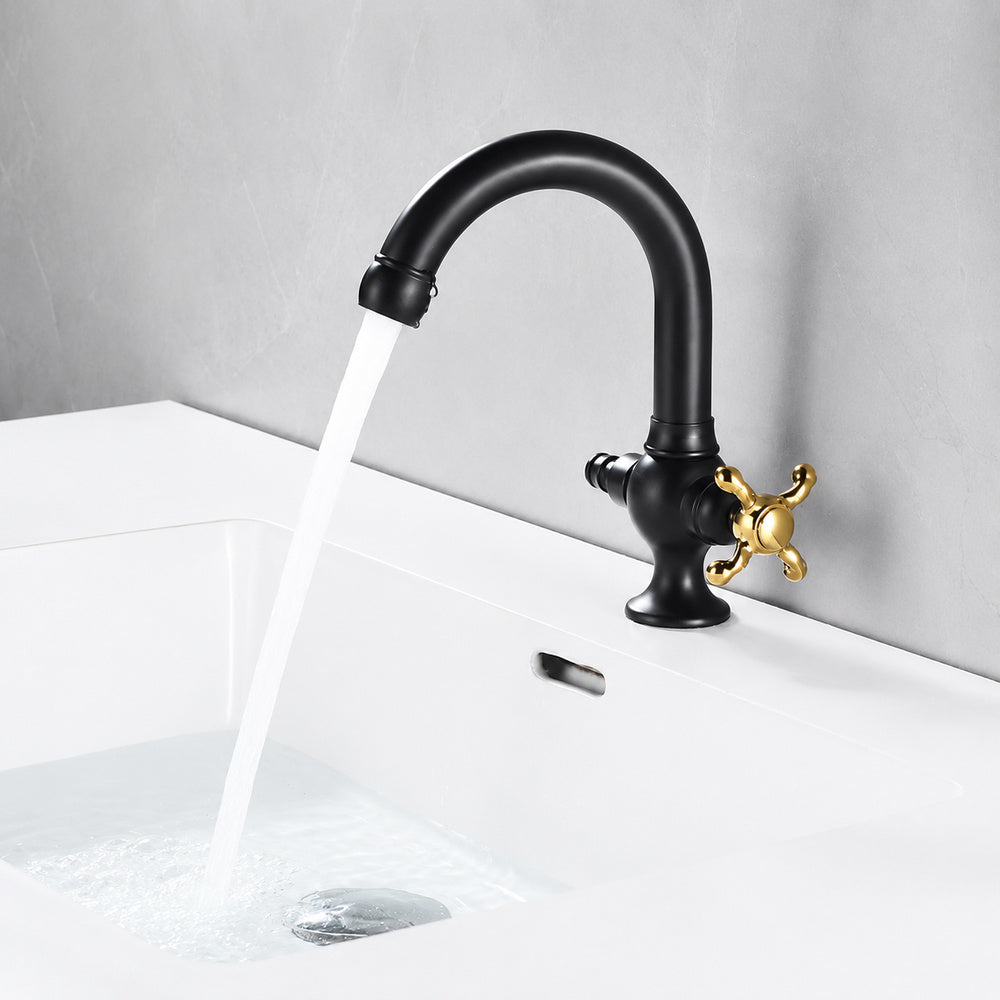Swivel Spout Single-Hole Bathroom Faucet, Vintage Brass Faucet with Cross Handle