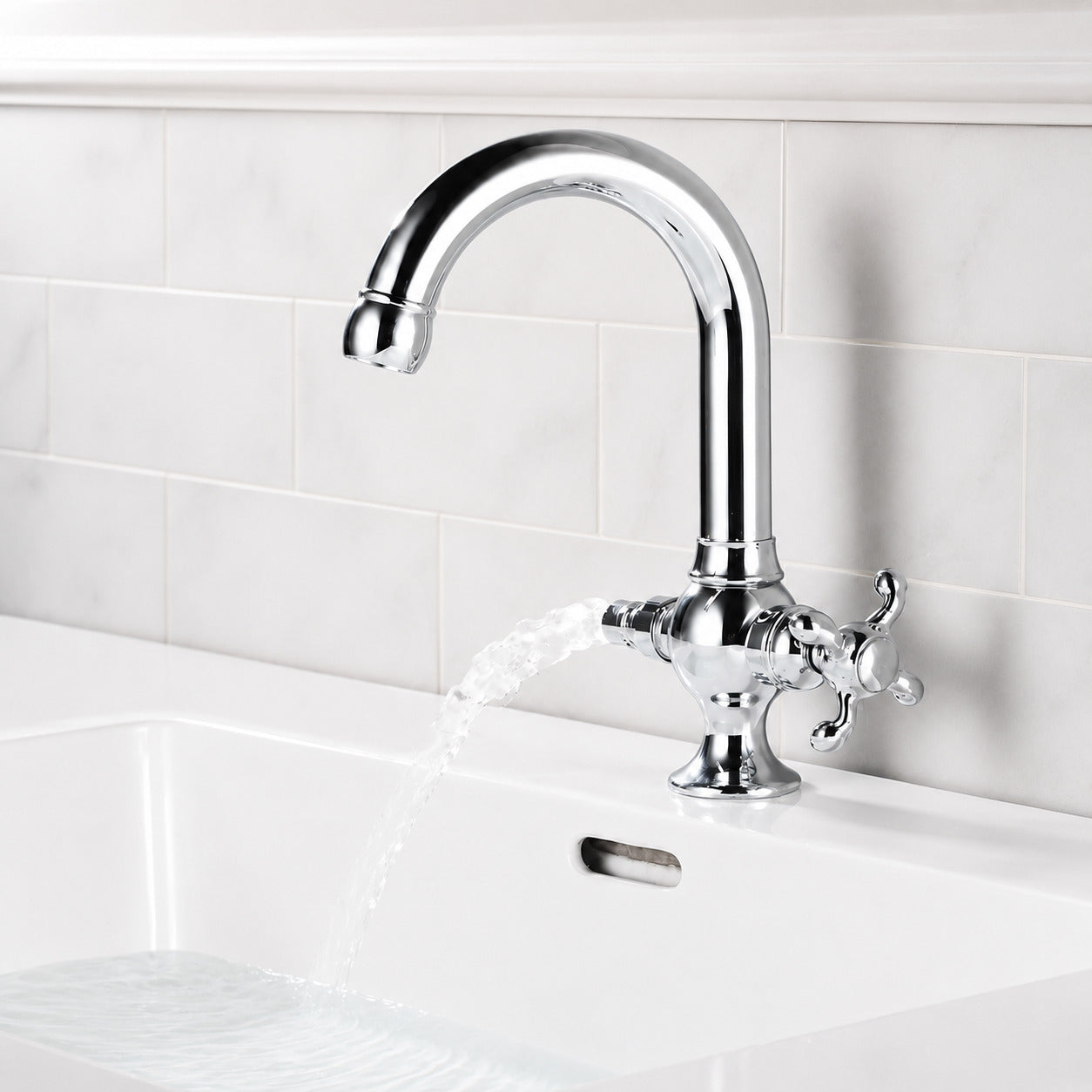 Swivel Spout Single-Hole Bathroom Faucet, Vintage Brass Faucet with Cross Handle