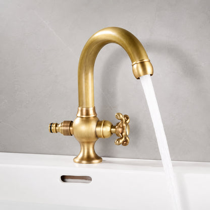 Swivel Spout Single-Hole Bathroom Faucet, Vintage Brass Faucet with Cross Handle