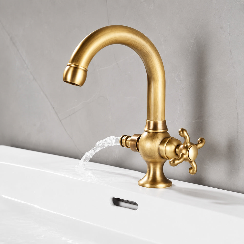 Swivel Spout Single-Hole Bathroom Faucet, Vintage Brass Faucet with Cross Handle