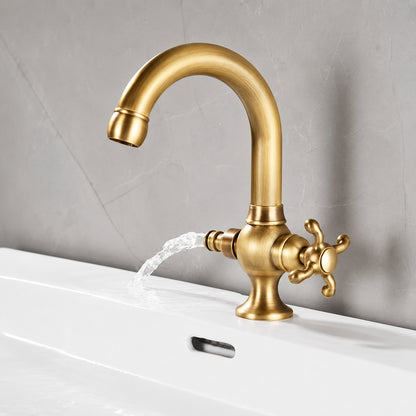 Swivel Spout Single-Hole Bathroom Faucet, Vintage Brass Faucet with Cross Handle