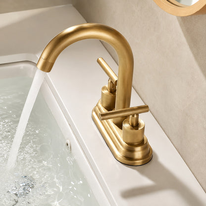Modern High-Arc Spout Bathroom Faucet, 4-Inch Centerset Dual-Handle Faucet, Brushed Gold / Brushed Bronze